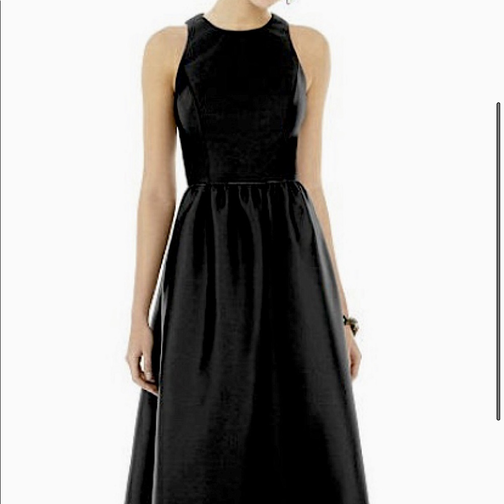 Full-length black satin dress